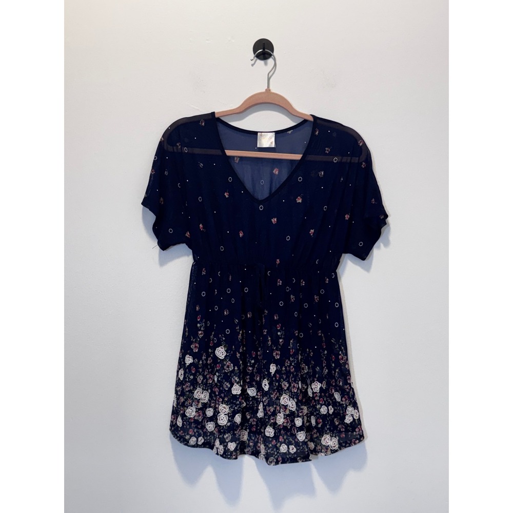 Sirenlily Maternity Navy Blue Floral Mesh Tunic Top V-Neck Empire Waist Small